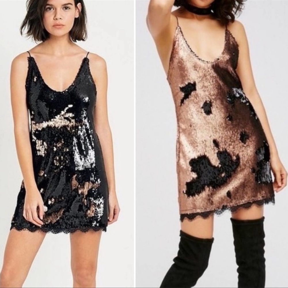 FREE PEOPLE SEEING DOUBLE BLACK/ GOLD SEQUIN SLIP DRESS SIZE SMALL